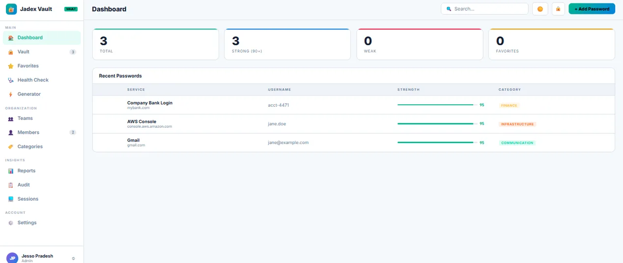 Jadex Vault dashboard showing password list, security score, and category breakdown