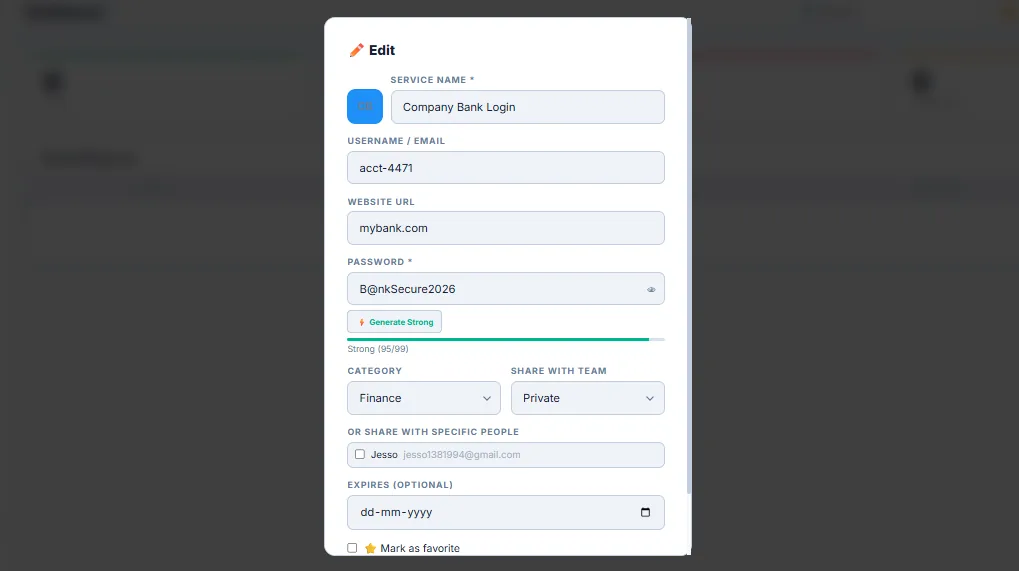 Add/edit password modal with category and team sharing options